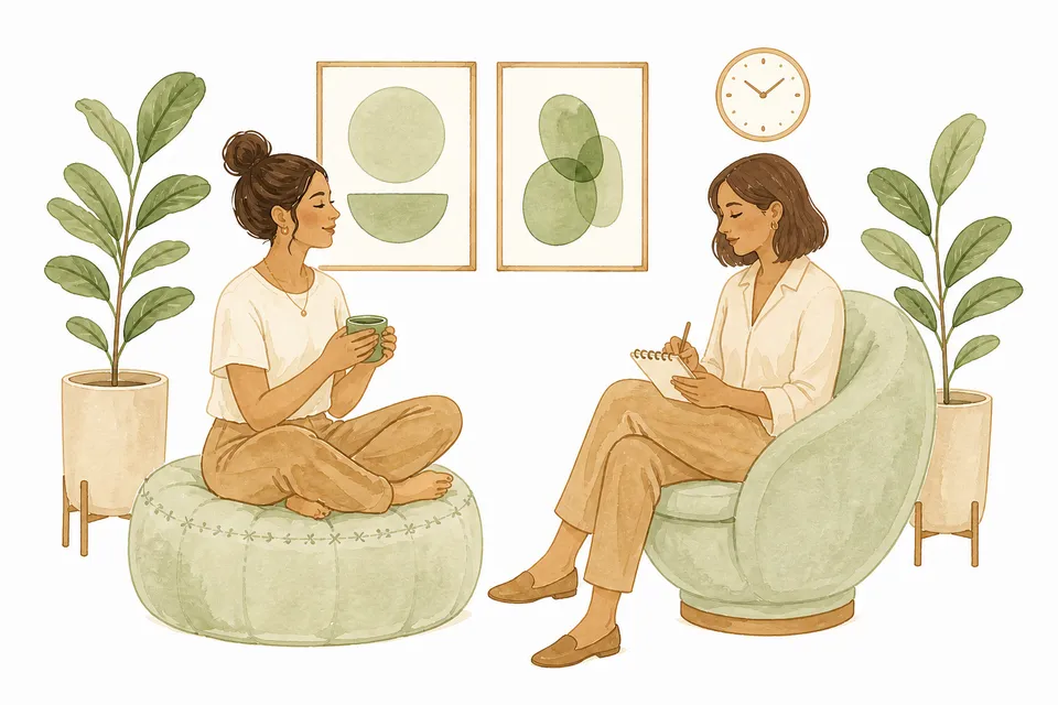 Watercolor illustration of a cozy therapy room with plants