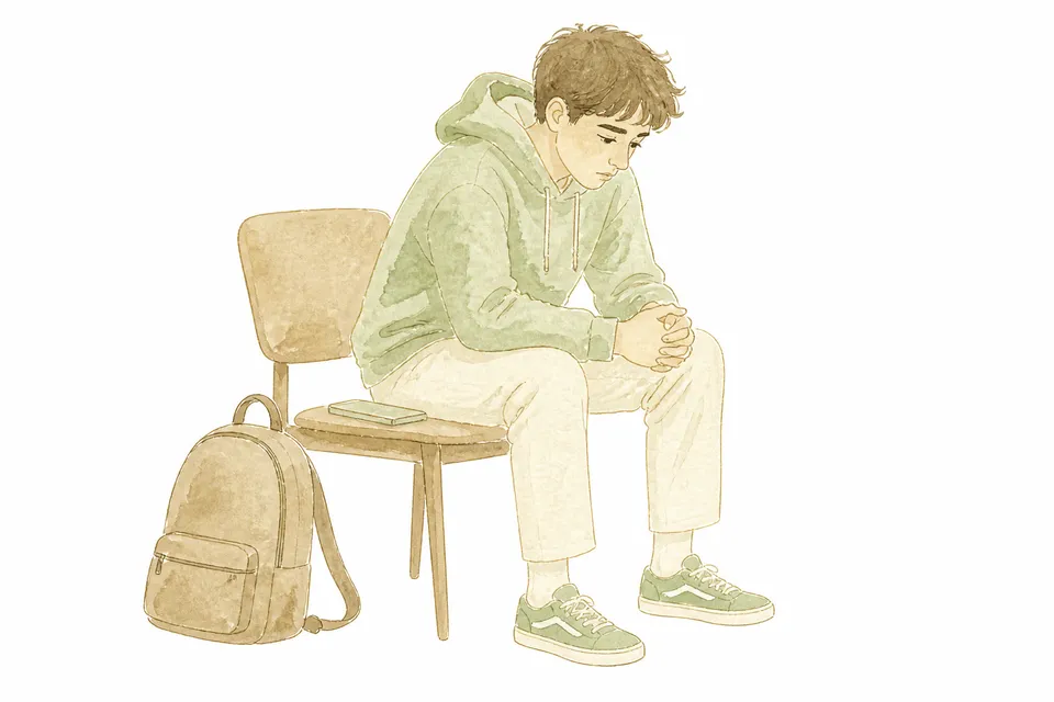 Watercolor illustration of a young person sitting alone