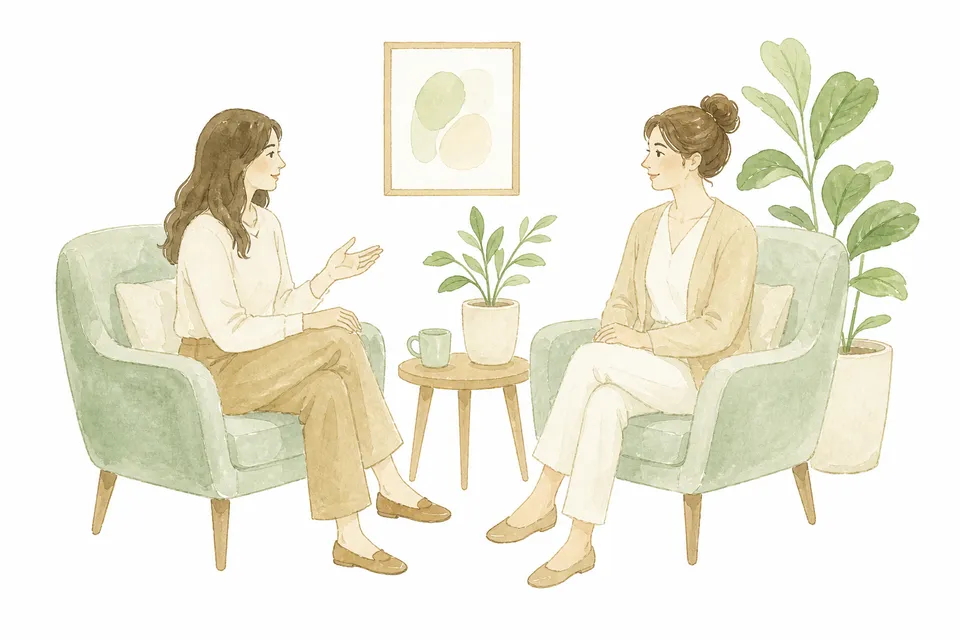 Watercolor illustration of two people in a warm therapy conversation