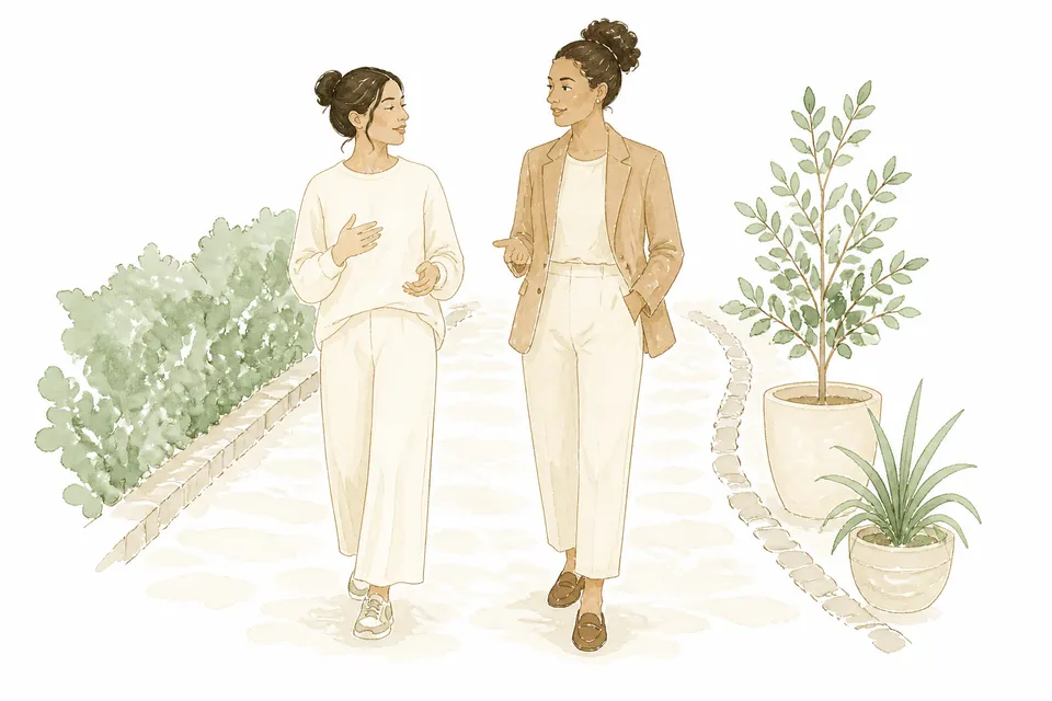 Watercolor illustration of two people walking together outdoors